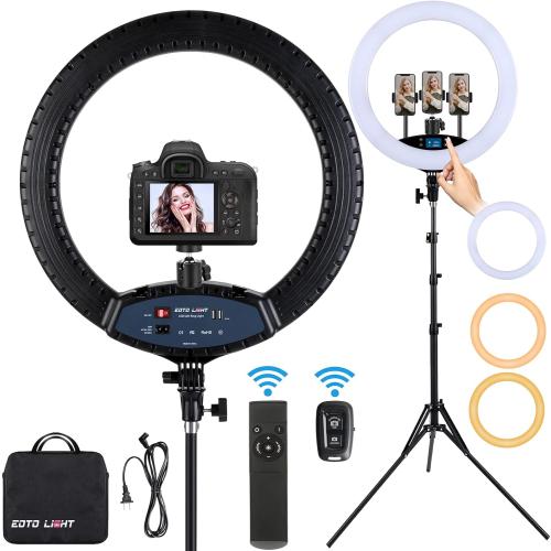 19 inch LED Ring Light LCD Display Touch Screen with Tripod Stand Dimmable Makeup Selfie Ring Light for Studio Portrait YouTube Vlog Video Shooting with Carrying Bag and Remote Controller, CRI>90