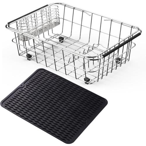 NiuYichee Stainless Steel Dish Drying Rack(15L X 11W X 4.1H), Expandable Fruit & Vegetable Drain Rack over Sink, Dish Drainer Rack in Sink, with Stainless Steel Utensil Holder & Silicone Mat(16)