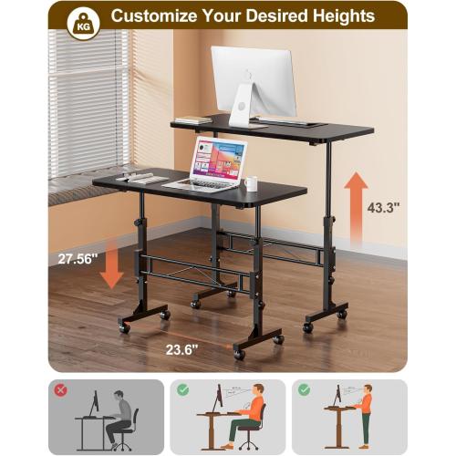Small Standing Desk Adjustable Height, Mobile Stand Up Desk with Wheels, 32 Inch Portable Rolling Desks for Walking Pad Treadmill Black