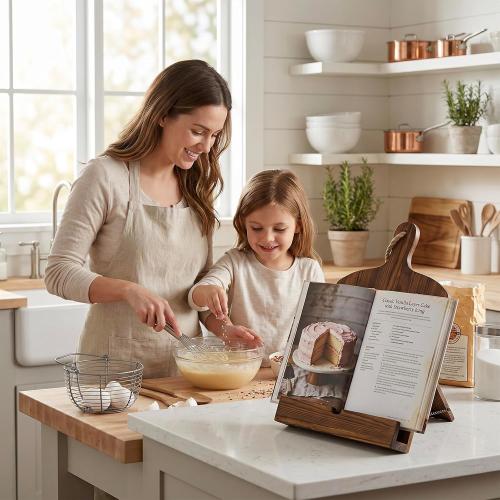 MyGift Cookbook Stand Recipe Book Holder Brown Wood Cutting Board Design | Kitchen Display Easel Reading Support Countertop Cooking Manual Tablet Rest Baking Meal Preparation Home Chef Organizer