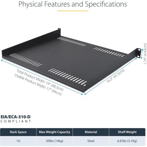 StarTech 1U Vented Server Rack Shelf, 16in, 30lb (CABSHELFV1U-16-RACK) | EIA-310 19in rack and cabinet fit, 14kg, 40cm mounting depth, SPCC cold-rolled steel, Cantilever tray‼️light dirt and good condition‼️
