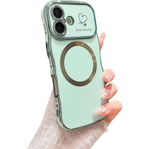 ZONRW for iPhone 17 Case Magnetic,Cute Wave Shape, Green | Soft Frame Curly for Women Girls with Love Heart Luxury Plating Phone Case Compatible with MagSafe Shockproof Back Cover