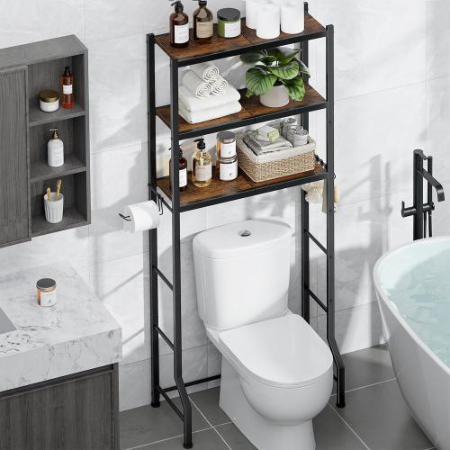 Kitsure Over The Toilet Storage Rack, 3-Tier Metal Frame | Small Bathroom, Space Saving Storage, Heavy Duty Metal Frame, Easy Assembly, Brown & Black, 61H