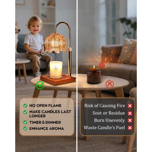 Flower Candle Warmer Lamp with Timer & Dimmer, Adjustable Height Candle Warmer, Birthday Gifts for Women Mom, House Warming New Home Decor, Wax Warmer with 2 Bulbs for Jar Candles