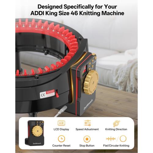 [2025 Upgraded] zestwrench Electric Knitting Machine Adapter for Addi Knitting Machine 46, LCD Panel & Row Counter, Flat/Circular Dual Mode, Variable Speed Motor Accessories for Most Yarns