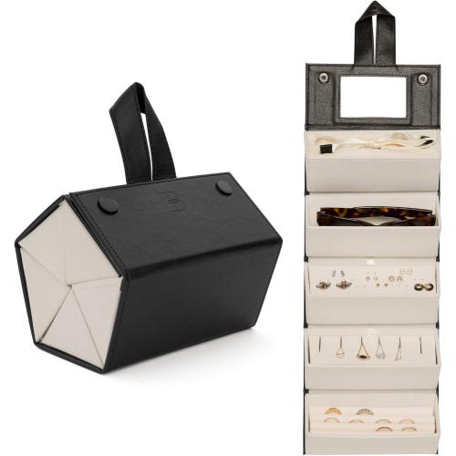 Bouski Travel Jewelry Box Compact Jewelry Travel Organizer w/Necklace Holder, Earring Organizer, Ring Holder, Hidden Compartments Jewelry Roll Case w/ 5X Capacity! (BLACK)