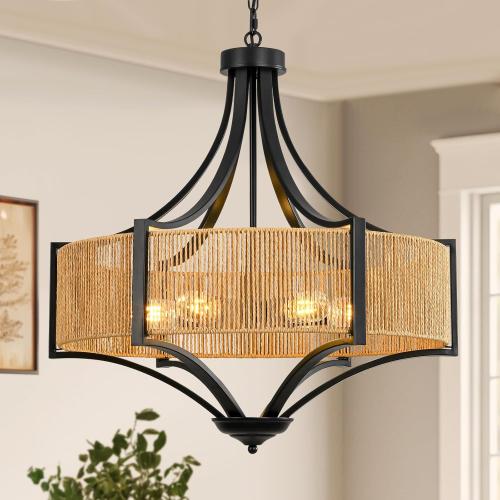 24” Rattan Chandelier Light Fixture, 6-Light Large Rustic Pendant Lighting with Hand-Woven Wicker Shade and Metal Frame, Boho Black Hanging Ceiling Light for Dining Room, Living Room