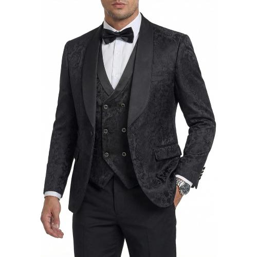 Mens 3 Piece Floral Tuxedo, Jacquard Slim Suit Set, Paisley Blazer Vest and Pants for Prom Wedding large
