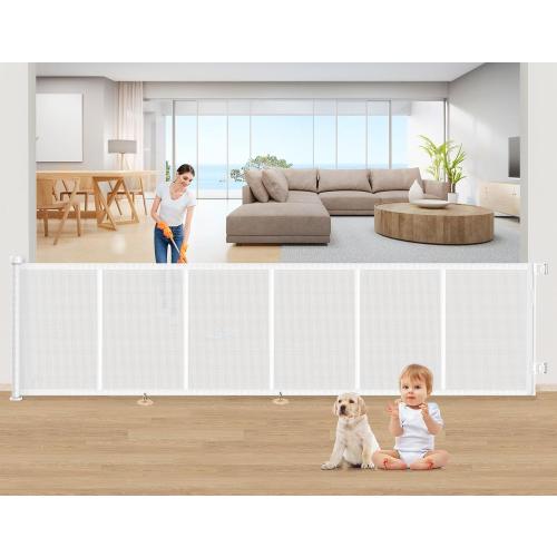 EZIGO 150 Inch Retractable Baby Gates Extra Wide Reinforced Baby Dog Gate | 34 Inch Tall Retractable Dog Gate with Reinforced Strip Mesh Safety Pet Gate for Stairs Hallway Doorway Indoor Outdoor, White