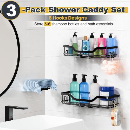 OMAIRA 3-Pack Shower Caddy with Soap Holder, Adhesive Rustproof No-drill Strudy Loading Inside Shower Organizer Shelves Rack Storage Bathroom Organization for Smooth Wall Glass Tile, Black (Large)