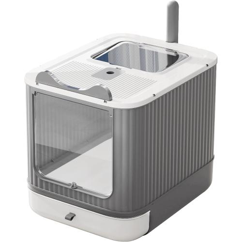 Upgraded Fully Enclosed Cat Litter Box with Lid, Covered Cat Box Enclosure, Anti-Splashing Easy to Clean Kitty Litter Boxes with Drawer, 3 Modes can Use from Kitten to Adult(White&Grey)