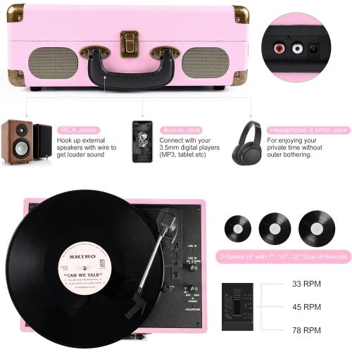 Vinyl Record Player 3-Speed Bluetooth Suitcase Portable Belt-Driven Record Player with Built-in Speakers RCA Line Out AUX in Headphone Jack Vintage Turntable Pink
