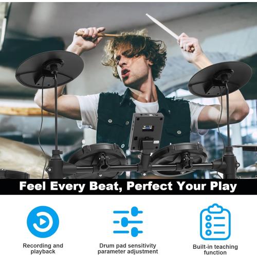 Electric Drum Set with Kick Hammer Pedal, Electronic Drum Kit for Kids Adult Beginner with 150 Sounds, 10 Cymbals, 4 Quiet Mesh Pads, all-in-one drum set with Throne, Headphones, Sticks