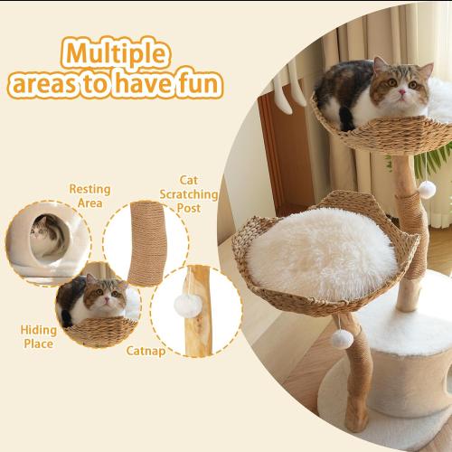 Modern Cat Tree, Natural Pear Wooden Cat Tower for Indoor Cats, Real Branch Luxury Cat Condo with Scratching Post & Hanging Toy Ball（35 Tall）