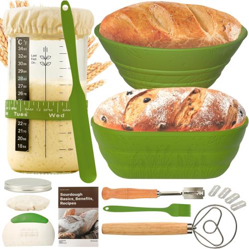 Sourdough Bread Baking Supplies 34 OZ Sourdough starter kit with 2 Bread Proofing Basket - Green