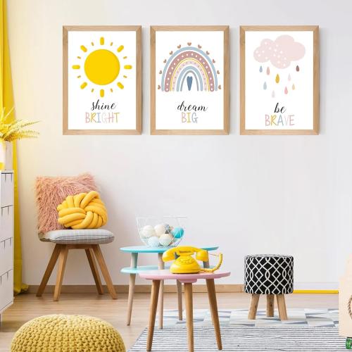 Set of 3 Framed Boho Nursery Wall Art Prints Decor,12x16”Rainbow Weather Wall Decor Inspirational Canvas Wall Art Prints Framed Nursery Children Artwork for Kids Playroom Bedroom Decoration