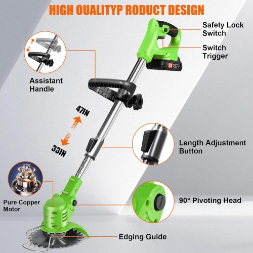 Electric Weed Wacker Cordless with Wheels, 2pcs Batteries&4 Types Blades,Lightweight, Low Noise Weed Trimmer 21V stringless Weed Wacker, Grass Trimmer/Brush Cutter/Edger, for Thick Weeds&Yard Garden ❗MAY HAVE MISSING PIECES/NEEDS CLEANING❗