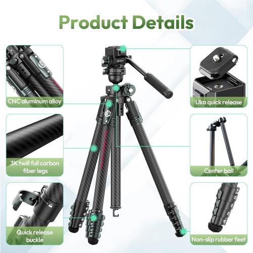 Black ULANZI JJ06 73.6 Carbon Fiber Video Tripod, Horizontal Tripod w Central Column,Handle and UKA Quick Release Plate for Cameras/DSLR/Camcorder, Dual 360° Pan Head, Weight 3.88 lbs, Maxload 39.7 lbs