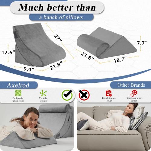 Redluxe Orthopedic Bed Wedge Pillow Set, Post Surgery Foam for Back, Neck and Leg Pain Relief Comfortable & Adjustable Ortho Pillows- Anti Snoring, Heartburn, Acid Reflux & GERD Sleeping Grey