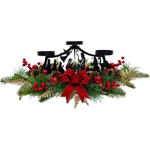Christmas Candle Holder Christmas Decorations 3 Candle Holders with Metal Nativity Scene Black Silhouette Cedar Branches Pine Needles Berries Red Bow and Ball Ornaments for Xmas Decorations