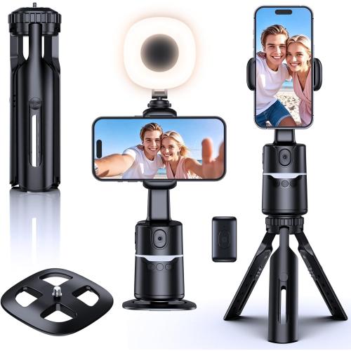 UBeesize Auto Face Tracking Tripod with Adjustable Desk Tripod, 360° Rotating vlogging kit for iPhone with Remote & Gesture Control, Rechargeable Selfie Fill Light, No App Required