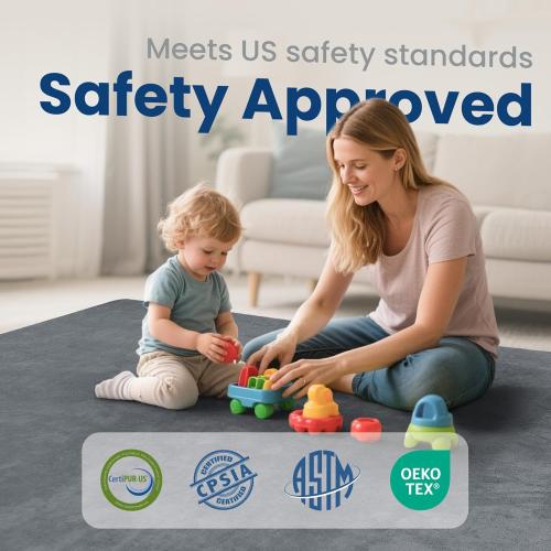 Baby Play Mat for Floor,1.3 Thick Elasti-Foam 50×50 Playpen Mat for Tummy Time,Water Repellent Soft Coral Velvet for Toddler,Infant,Kids,Non-Slip Backing Safe for Crawling(Dark Grey)