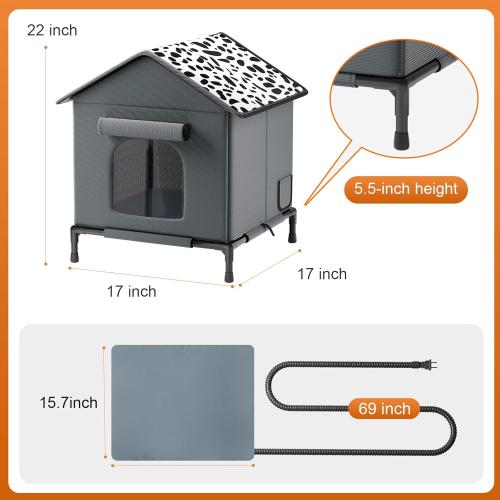 Heated Cat House for Outdoor Cats in Winter, Weatherproof Insulated Outside Cat House with Heating Pad, Warm Home for Barn Feral Stray Indoor/Outdoor Cat with Waterproof Elevated Base
