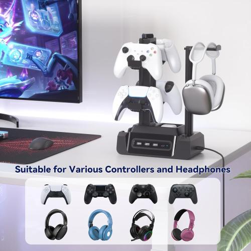 KDD Charging Station for Multiple Devices - 4 Ports Charging Dock with Controller and Headset Stand - 3 USB A & 1 USB C for Cellphone Tablet and Other Electronic - Multi Storage for Gaming Accessories