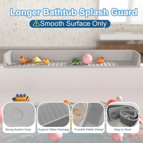 Longer Bathtub Splash Guard for Tub Kids, Bathtub Water Guards Play Shelf for Bathing, Toy Tray Caddy Holder for Tub, Silicone Tub Splash Guard Prevent Water Spills in Bathroom (2.6FT, Grey)