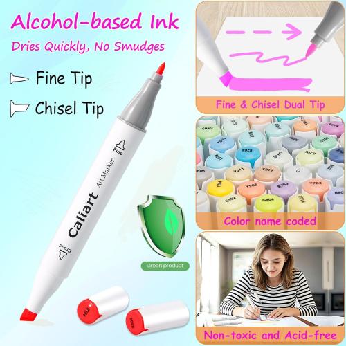 Caliart Alcohol Based Markers, 52 Colors Art Marker Set Fine & Chisel Dual Tip, Permanent Colored Pens for Adults Artists Coloring Book Illustration Sketch Lettering Drawing Cards Planner