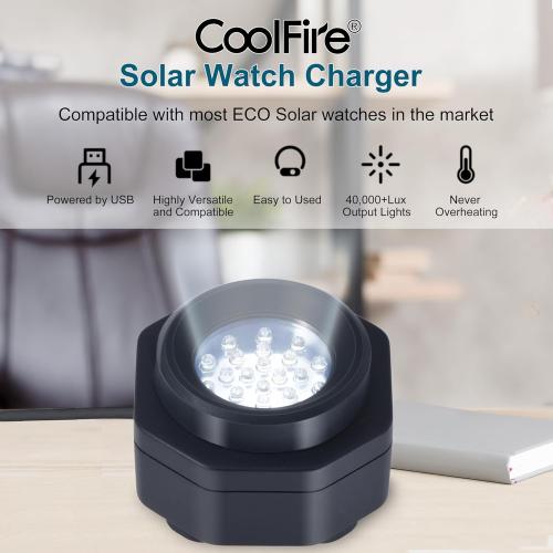 CoolFire - UV Free Solar Watch Fast Charger for All Eco Solar Watches for Men, Reloj Hombre Portable Battery Charger, for All Kinds of Sophisticated Eco Solar Watches (Black)