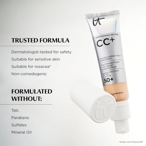 IT Cosmetics CC  Cream - Natural Full Coverage Foundation With SPF 50 , Color Corrector & Anti-Aging Hydrating Serum, Hyaluronic Acid   Peptides, Lightweight Up To 24H Wear, All Skin Types