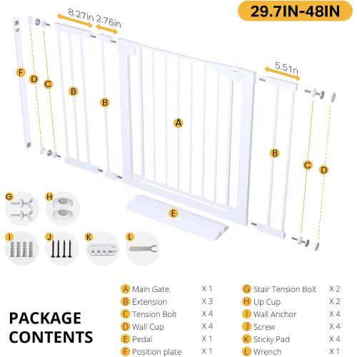 Cumbor 29.7-48 Baby Gate for Stairs, Mom's Choice Awards Winner-Dog Gates for Doorways, Auto Close Safety Pet Gate for Dogs Indoor, Easy Install Pressure Mounted Child Gate with Walk Thru Door, White
