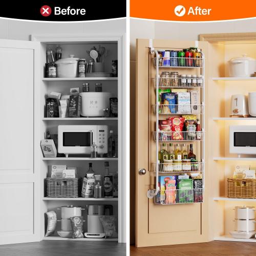 Delamu Large Over the Door Pantry Organizer, 6-Tier Metal Pantry Door Organization and Storage for Easy Install, Hanging Spice Rack Seasoning Shelves for Cabinet & Kitchen, D6.7xW17.5xH53.7 in, White