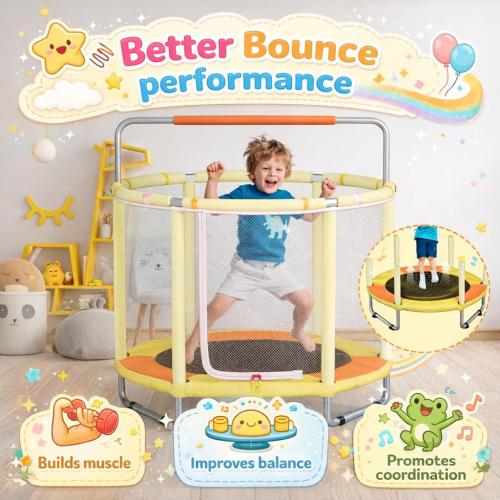 55 Trampoline for Kids with Enclosure, 4-in-1 Toddler Trampoline Indoor Outdoor, 440lbs Capacity Upgrade Trampolines with Adjustable Gymnastics Bar & Toys, for Boys & Girls, Easy to Assemble