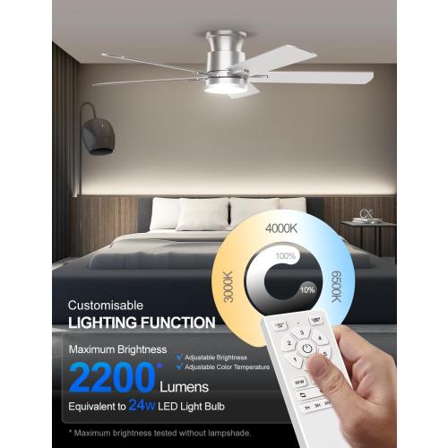 Nickel 52inch Ceiling Fans with Lights 52 Inch, Flush Mount, Remote Control, 3CCT Dimmable, 6 Speeds, Quiet Reversible DC Motor, Low Profile Silver Nickel Ceiling Fan for Bedroom, Living Room, Indoor/Outdoor, ETL