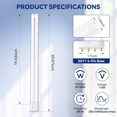 2 Pack 55 Watts UV Light Bulb, 2G11 Base-4 Pin for Koi Pond & Aquarium Clarifiers, Compatible with Oase Bitron 55/110, Aqua Medic Helix Max 55, Jebo, Jebao pu55, cw55, SUNSUN 55W