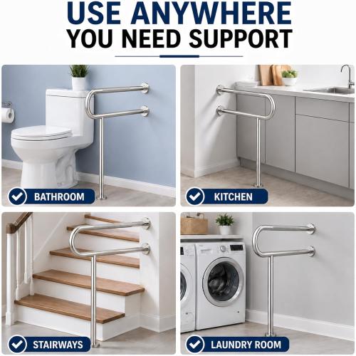 Toilet Grab Bar with Leg, Floor Mounted Knurled Safety Rail, Heavy Duty Brushed Nickel Stainless Steel Support Handle, Bathroom Stand Assist, Non-Slip Mobility Aid for Elderly, Disabled, 31 Inch