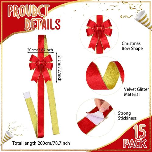 XunYee 15 Pcs Glitter Large Christmas Cabinet Ribbons Bows Thick Velvet Festive Xmas Bow Edge Burlap Door Decoration for Christmas Tree Fireplace Kitchen Gift Wrapping(Red)