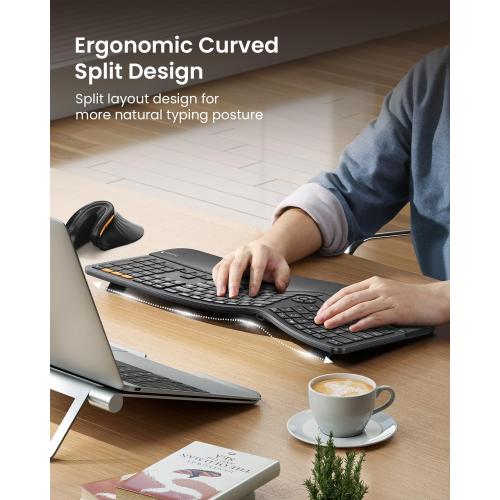 ProtoArc Backlit Bluetooth Ergonomic Keyboard, EK01 Plus Full Size Wireless Split Keyboard with Dual Bluetooth and USB, Cushioned Wrist Rest, Rechargeable, Compatible with Windows/Mac/Android, Black