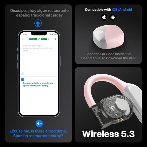 AI Language Translator Earbuds, OWS Real-Time 3-in-1 Translation Earbuds 169 Languages & Accents, Translation Device for Travel Business Learning,Pink