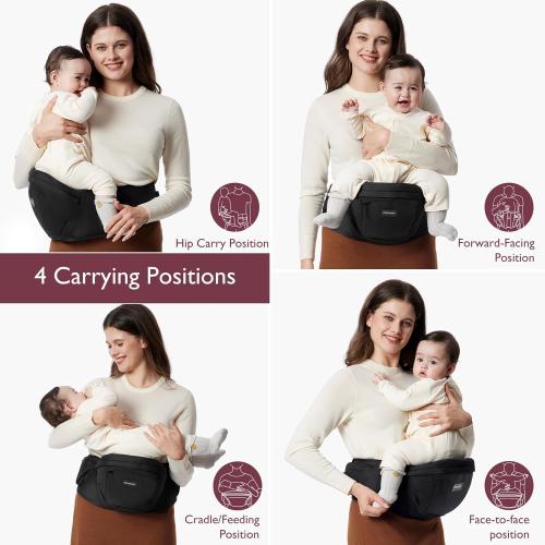 Momcozy Hip Seat Baby Carrier - Adjustable Waistband with Original 3D Belly Protector, Ergonomic Carrier with Various Pockets for Newborns & Toddlers up to 45lbs (Black, Medium)