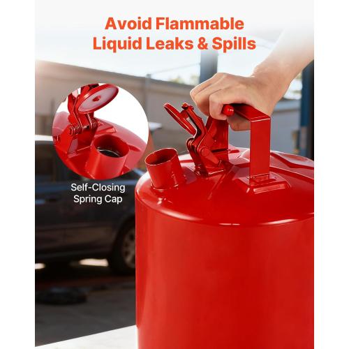 VEVOR Safety Gas Can, 5 Gallon Type I Red Metal Container for Liquid Material with Stainless Steel Flame Arrester, Self-Closing Lid & PE Funnel, Carbon Steel Flammable Saving with Handle