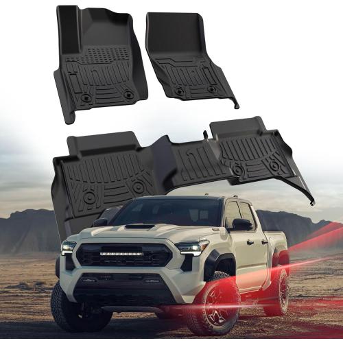 Car Floor Mats for Toyota Tacoma 2024 2025 Double Cab(Not for Sport & Hybrid), All Weather Protection TPE Truck Mats Custom Car Mats Accessories, Front & 2nd Row Set, Black(Automatic Transmission)