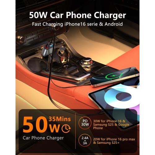 Retractable Car Charger, 3 in 1 Fast Car Phone Charger 50W, 1 TypeC Retractable Cables and USB Port,USB C Car Charger Compatible with iPhone 17/17 Pro Max/16/15/14/13/12/11,for Galaxy S25,Pixel 10