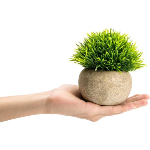 Velener Mini Plastic Fake Green Grass Plant with Pot, Topiary Ball, Small Fake Plant, Round Paper-Mache Pot for Indoor Office, Kitchen, Bathroom and Living Room Decor