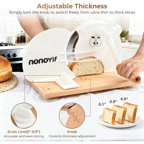 Manual Bread Slicer for Homemade Sourdough Bread, Adjustable Thickness, Hand-Crank Bread Cutter with Metal Guide, Suction Cup & Scale Line, Stainless Steel Blade, Beech Wood Base for Even Slices