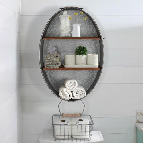 Oakrain Towel Rack with Wood Shelves, Galvanized Wash Tub Rustic Towel Holder, Decorative Wall Shelf for Bathroom, Lavatory, Entryway