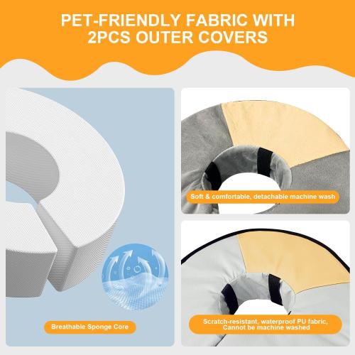 Sponge Core Dog Cat Cone Collar for After Surgery Recovery, Inflatable Dog Cone Alternative, Lainergie Dogs Donut Collar Adjustable with 2PCS Cover for Large Medium Small Dogs Cats (Grey Yellow, XL)