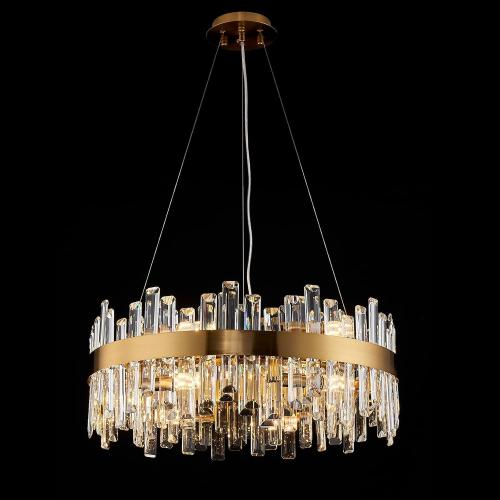 Round Crystal Chandeliers, D23.6 inch 12-Light Brass Gold Chandelier Lighting Fixture, Height Adjustable Pendant Ceiling Light for Living Room Dining Room Bedroom